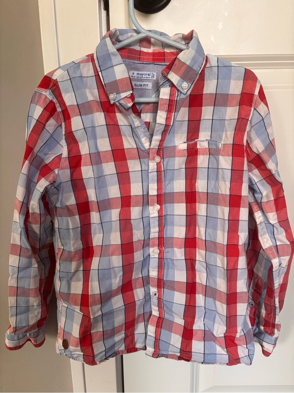 Mayoral Red and Light Blue Plaid Slim Fit Shirt